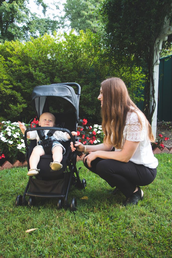 Mom with baby in Monbebe Cube Compact Stroller